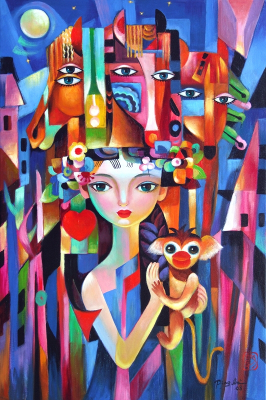 Girl and Monkey in Town by artist Ping Irvin